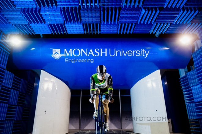 Australian cyclist Matthew Glaetzer conducts a wind test inside the Monash University Wind Tunnel Facility. Photo Asanka Brendon Ratnayake