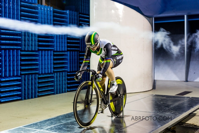 World Champion track cyclist and olympic Gold Medalist Anna Meares conducts a wind test inside the Monash University Wind Tunnel Facility. Photo Asanka Brendon Ratnayake